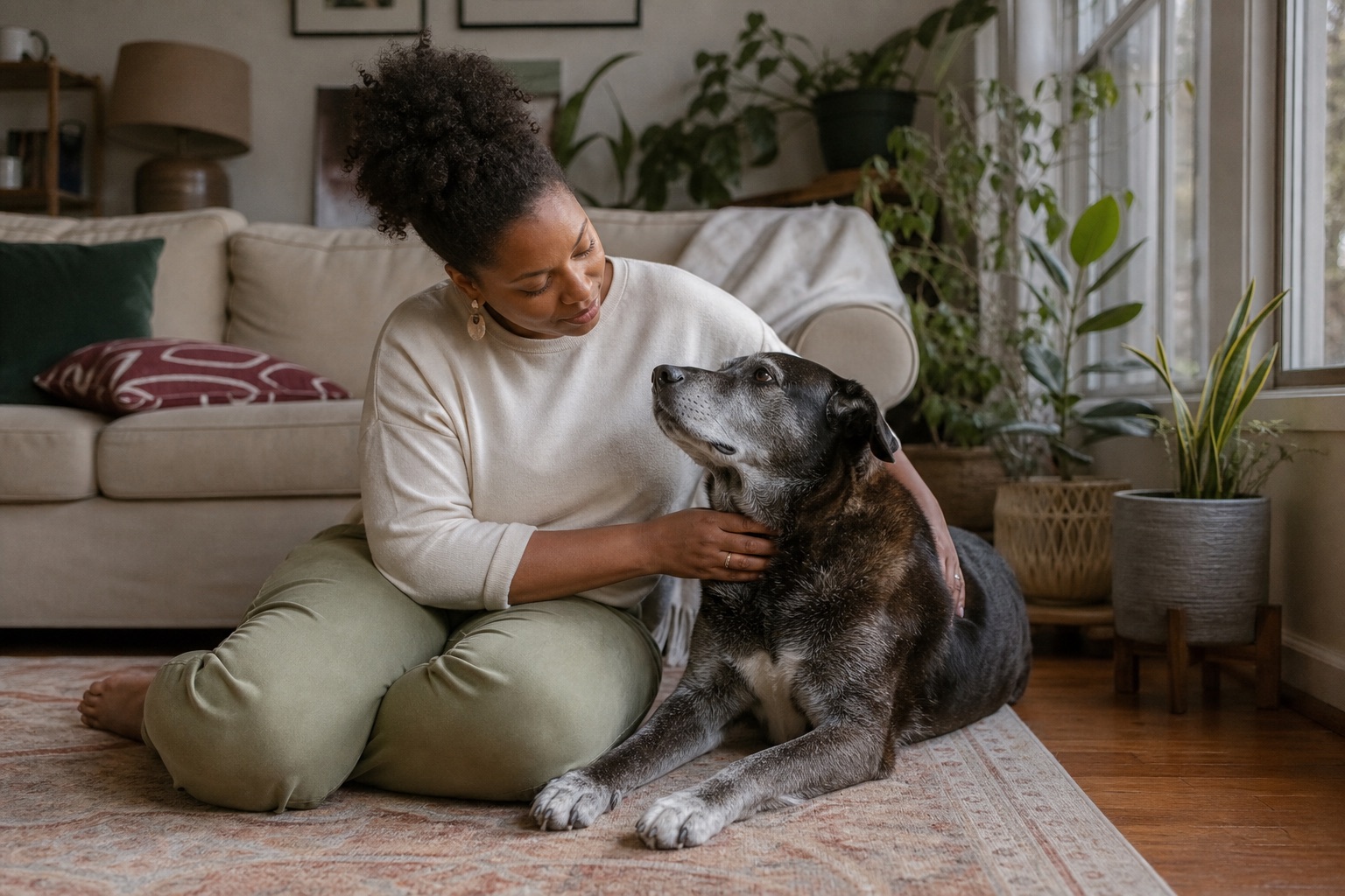 AI-generated concept showing a senior dog included as a beloved family member